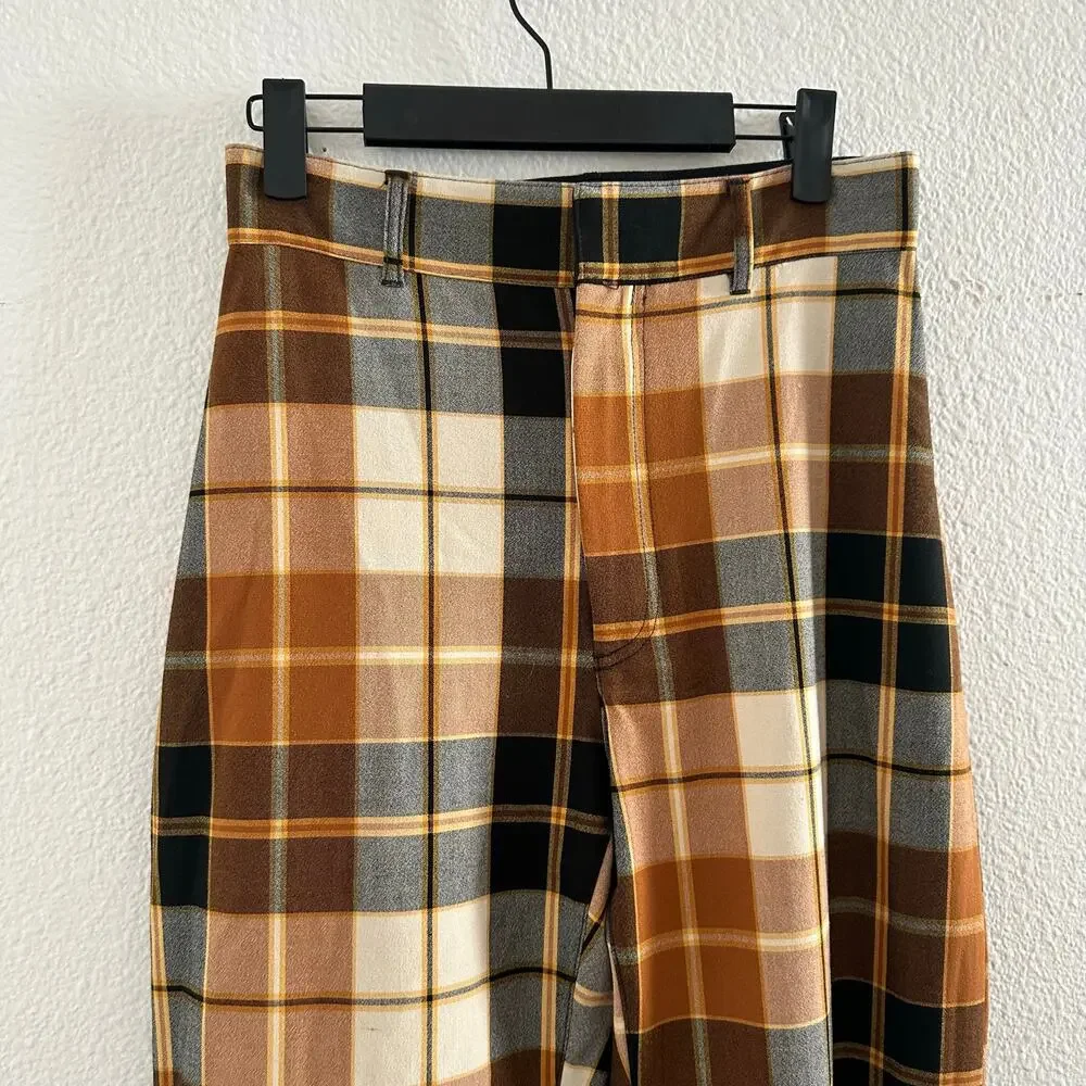 Free People Plaid High Waist Jules Retro Flare Pants Brown Combo Size 4